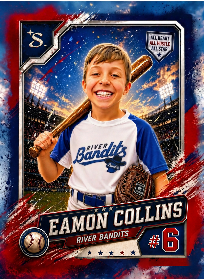 Illustrated Scribbly baseball card front with a young player mid-swing