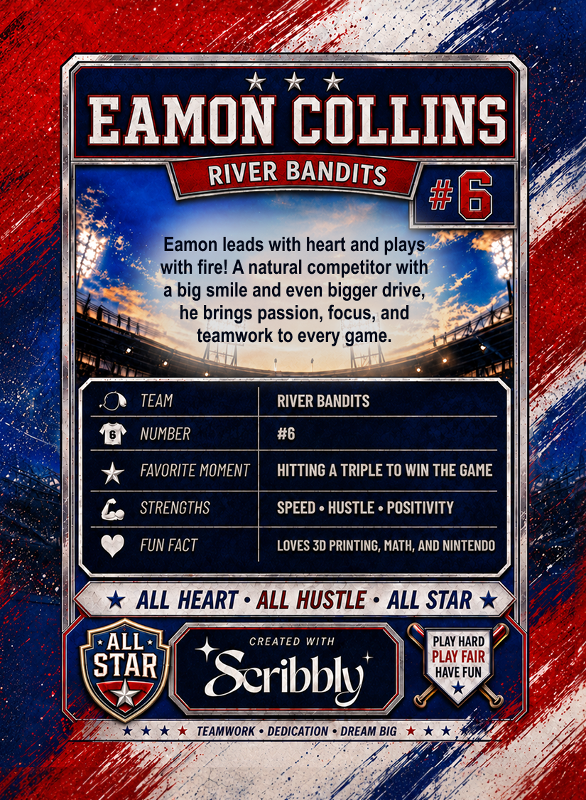 Scribbly baseball card back with player name, team, number and personal write-in fields