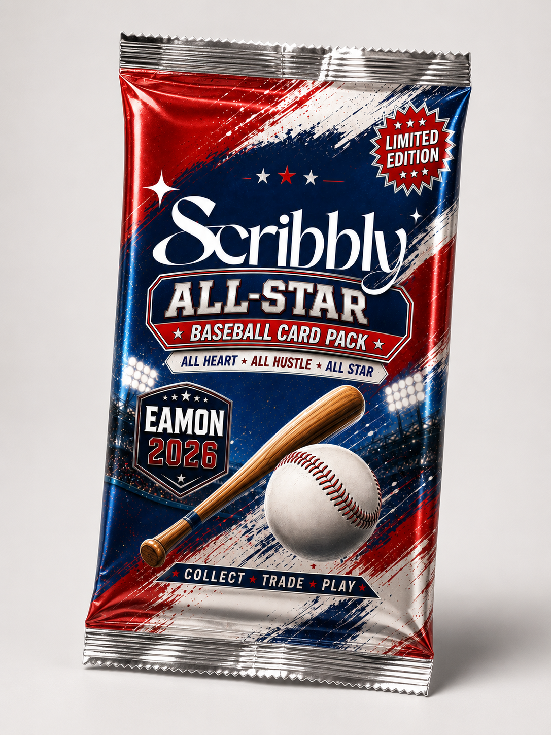 Sealed Scribbly foil baseball card pack printed with a player's name