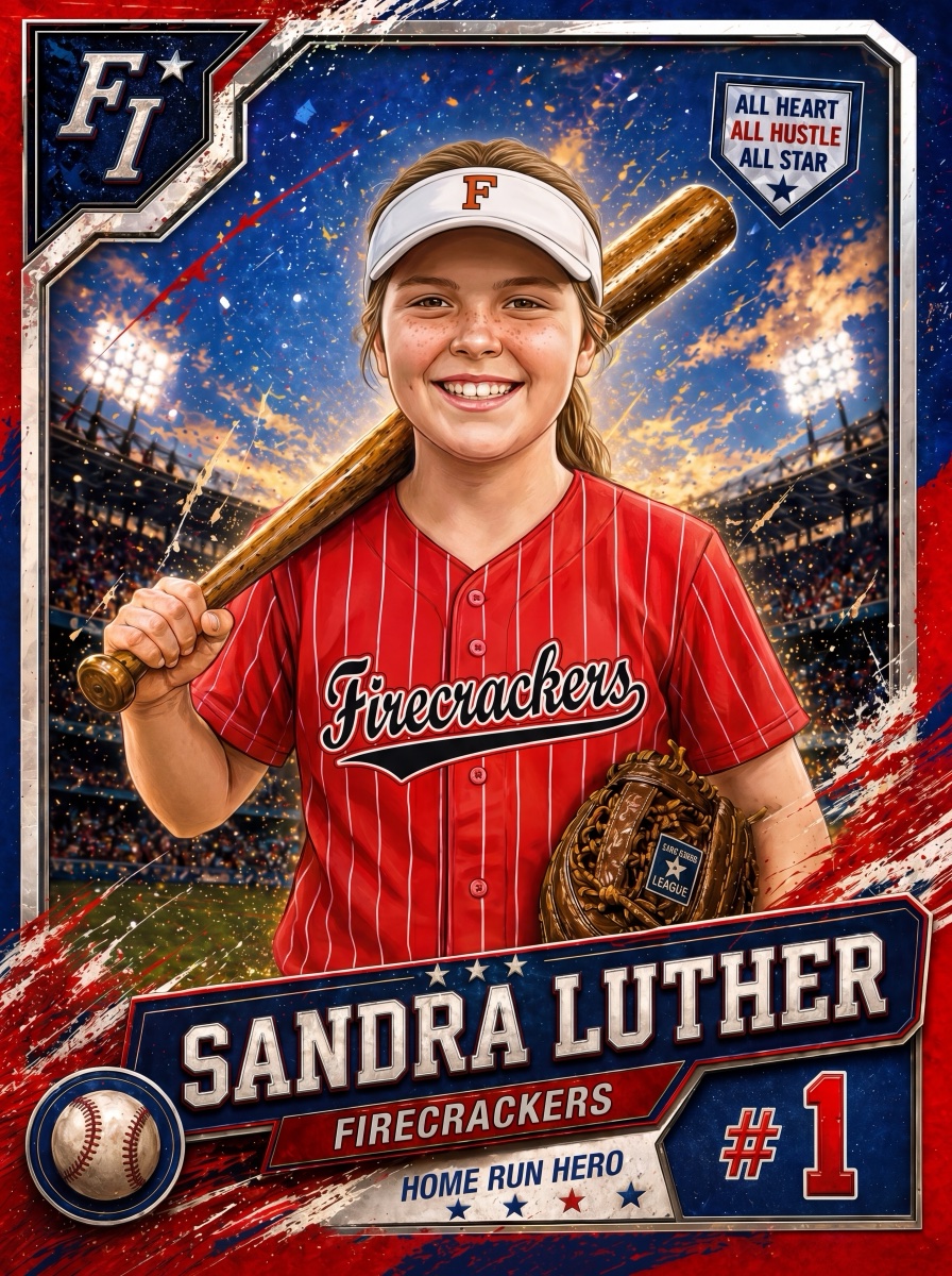 Illustrated baseball card front: original artwork of a young batter with a name banner