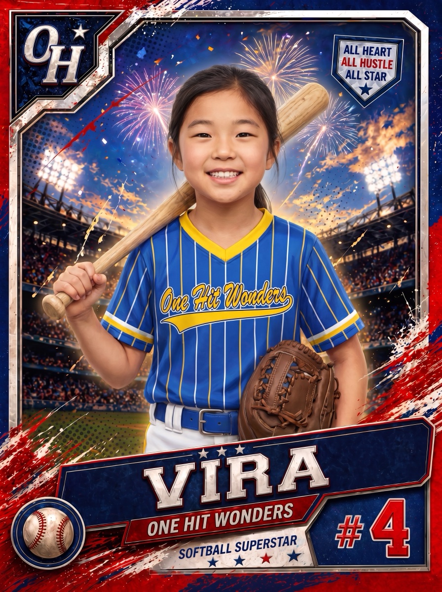 Illustrated softball card front with name banner and stadium background