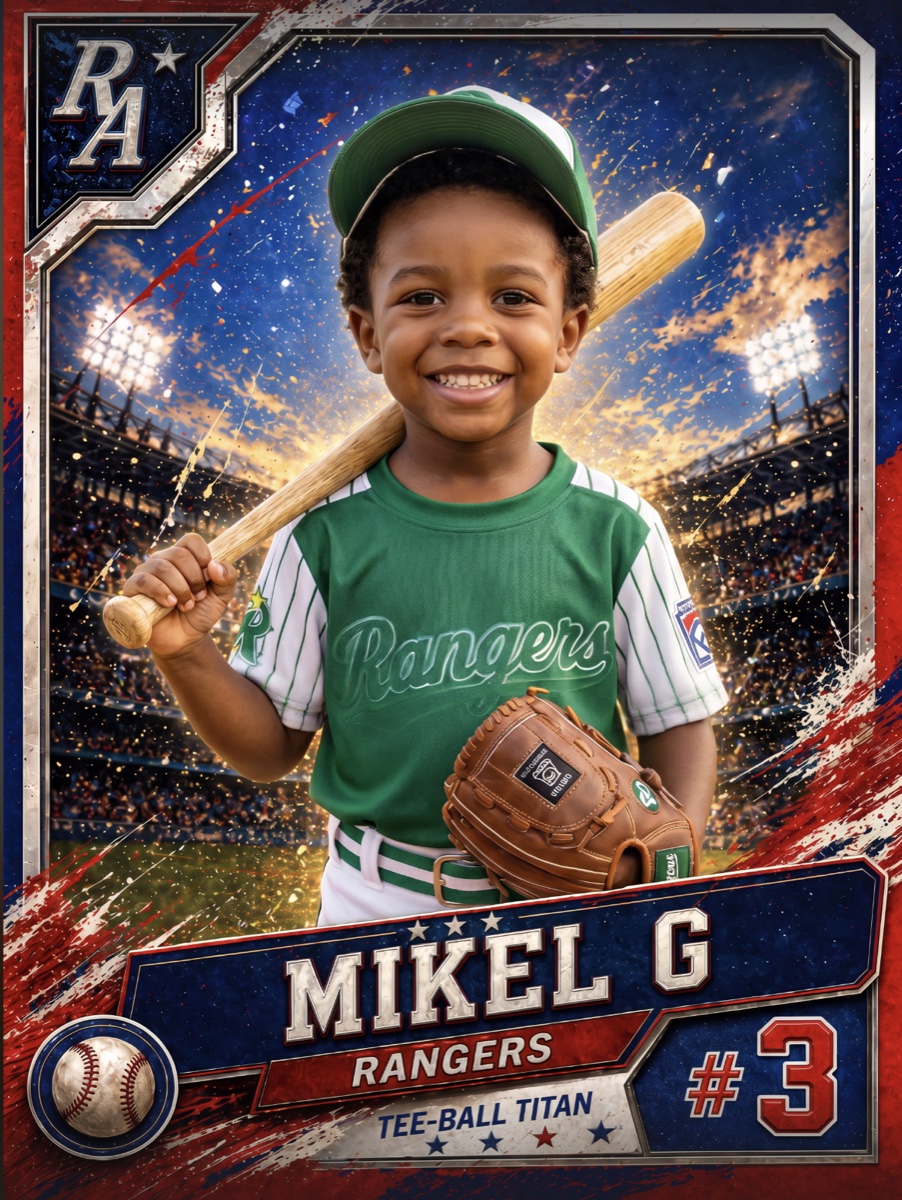 Illustrated baseball card of a young player in team uniform with a name banner