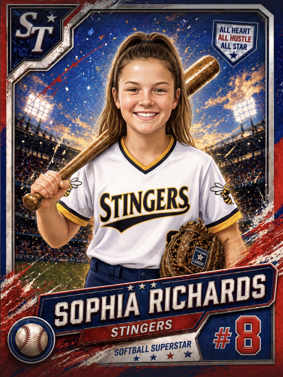 Illustrated baseball card front, fielder mid-catch
