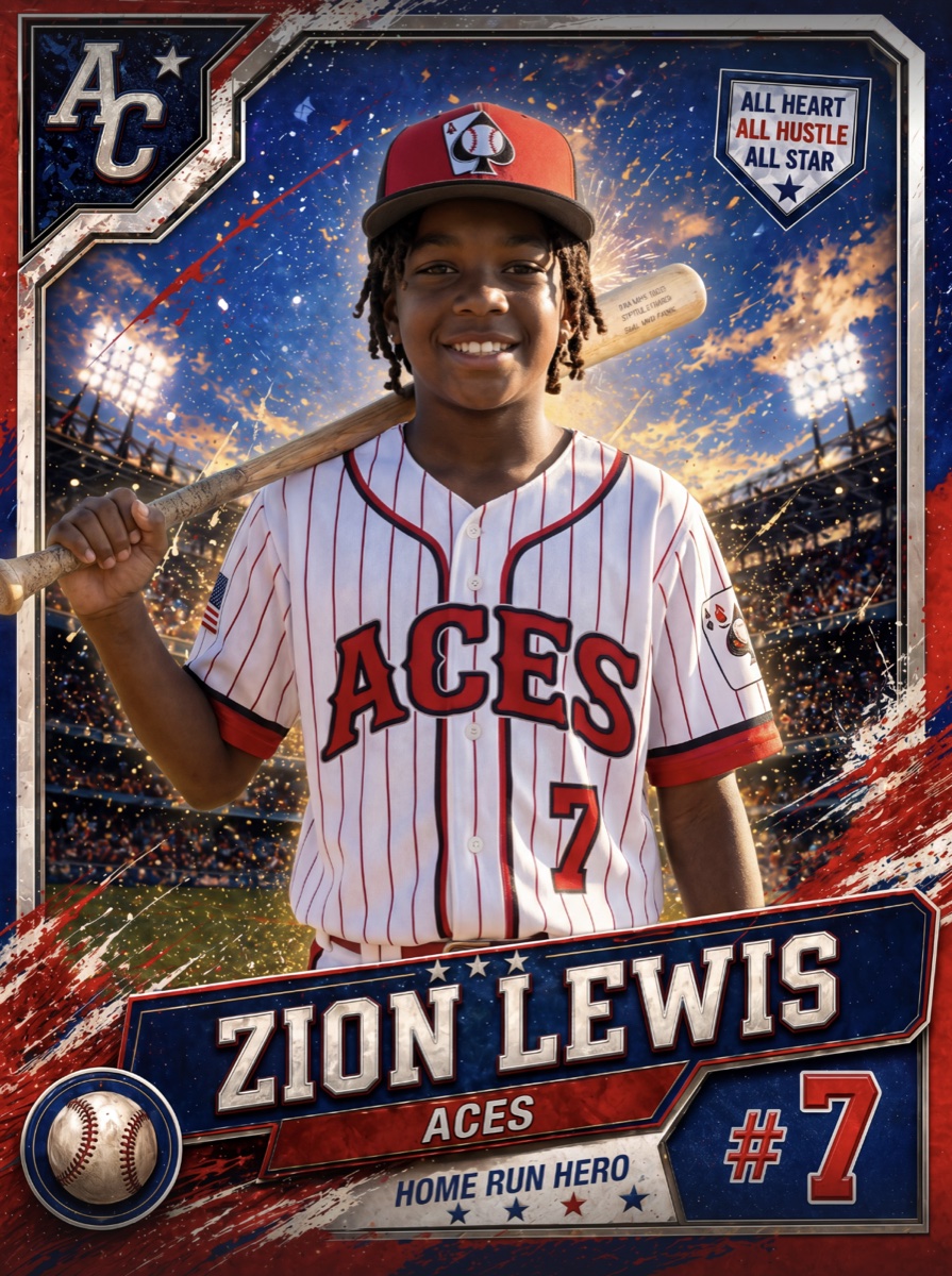 Illustrated baseball card front with stadium background