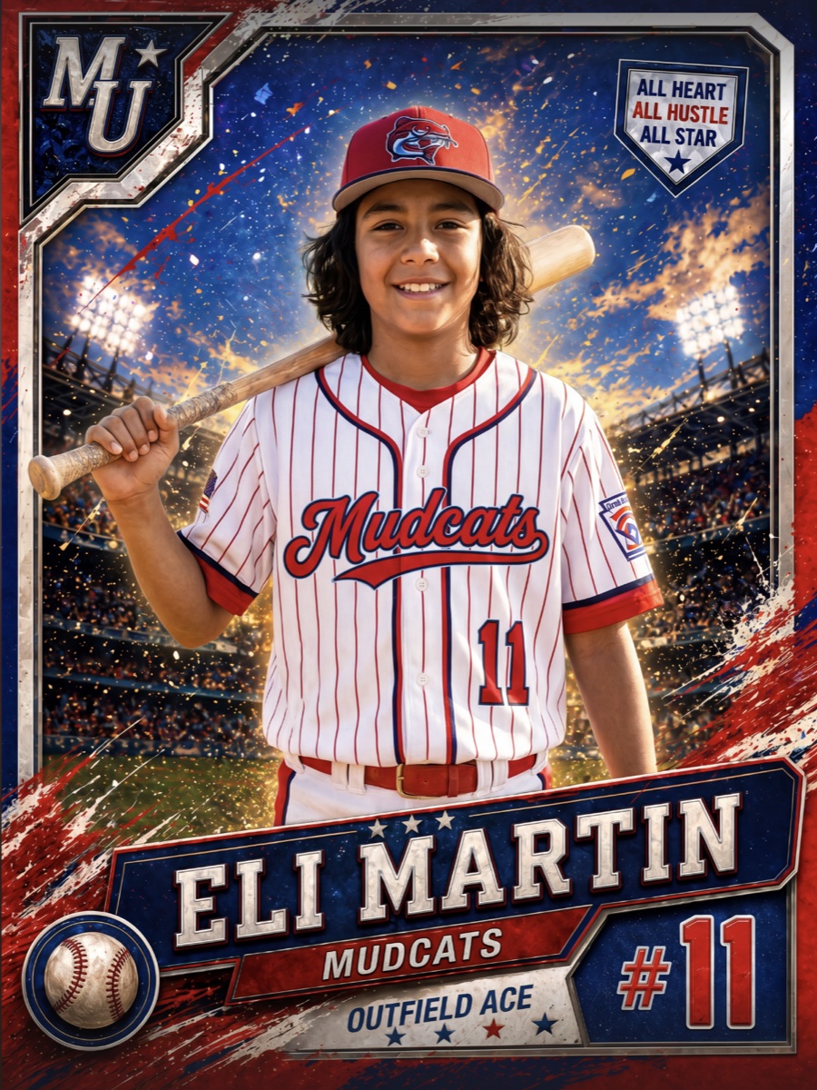 Illustrated baseball card front with player portrait and team colors